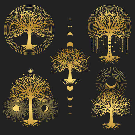 Sacred tree. Set of symmetrical graphic design elements.のイラスト素材