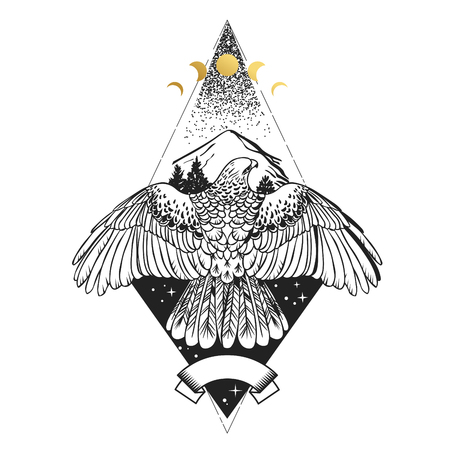 Soaring bird of prey. Vector hand drawn illustration. Template for temporary tattoo, t-shirt print and otherのイラスト素材