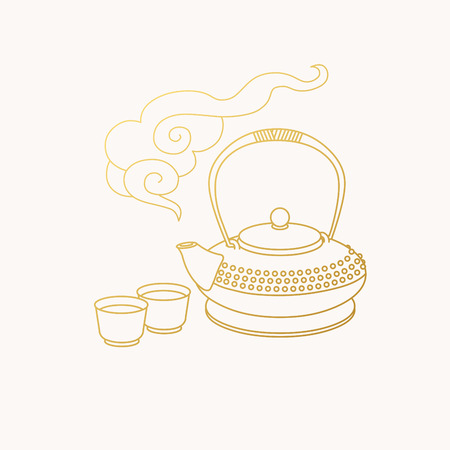 Japanese tea ceremony. Teapot and two cups.のイラスト素材