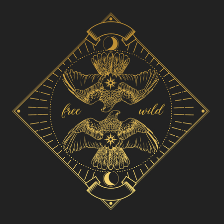 Two eagles. Vector hand drawn illustration in dark bohemian styleのイラスト素材