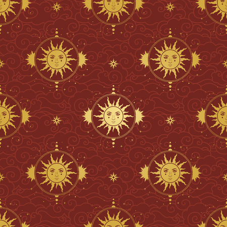 Golden Sun on red background. Vector hand drawn seamless pattern in vintage styleのイラスト素材