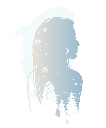 Silhouette of a beautiful young woman with moon and spruce trees. Vector illustrationのイラスト素材