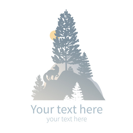Wilderness area with coniferous trees, fox and mountain in the distance. Vector illustration on white backgroundのイラスト素材
