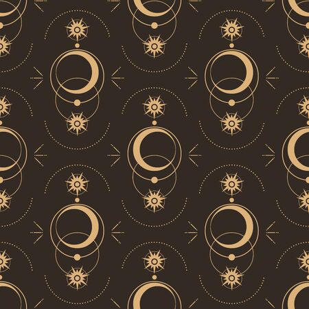 Vector seamless pattern with moon and stars. Abstract alchemy symbols. Dark boho styleのイラスト素材