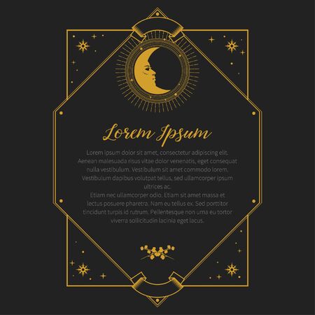Rectangular frame with stars and moon in retro style on a black backgroundのイラスト素材