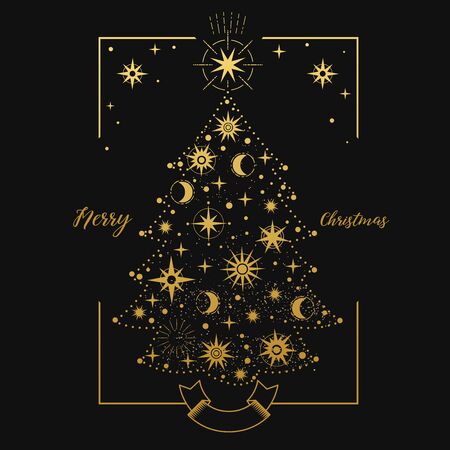 Christmas tree made of stars on a black background. Vector illustrationのイラスト素材