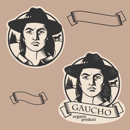 Retro label design with man in hat. Vector hand drawn illustrationのイラスト素材