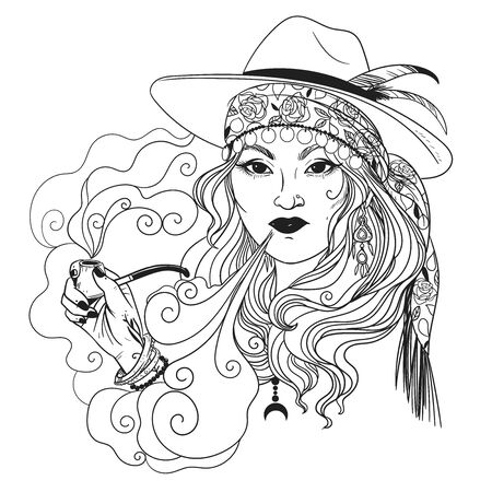 Gypsy smoking a pipe. Vector hand drawn illustrationのイラスト素材