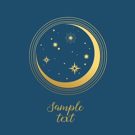 Golden Moon and stars on blue background. Vector design elementのイラスト素材