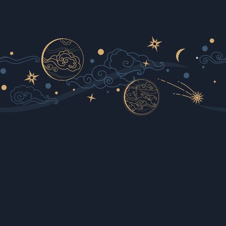 Vector seamless horizontal border with stars and planets on dark blue background.のイラスト素材