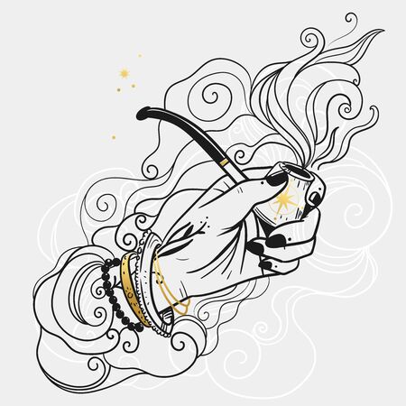 Smoking pipe in a female hand. Vector hand drawn illustrationのイラスト素材