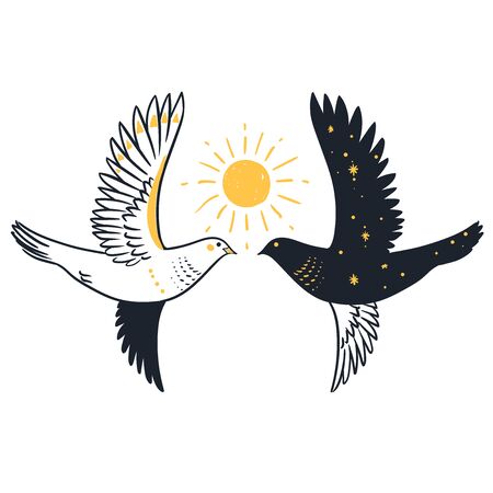 Two pigeons and Sun. Vector han drawn illustration