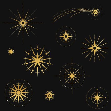 Magic golden stars on black background. Vector collectionのイラスト素材
