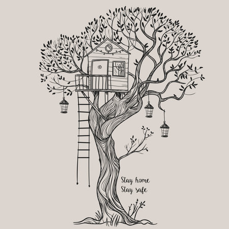 Cozy tree house. Vector hand drawwn illustrationのイラスト素材