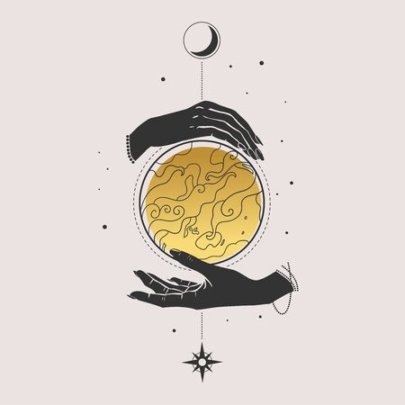 Planet Earth in human hands. Vector hand drawn illustrationのイラスト素材