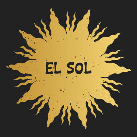 Golden sun silhouette with scratched texture on black background. Vector illustrationのイラスト素材