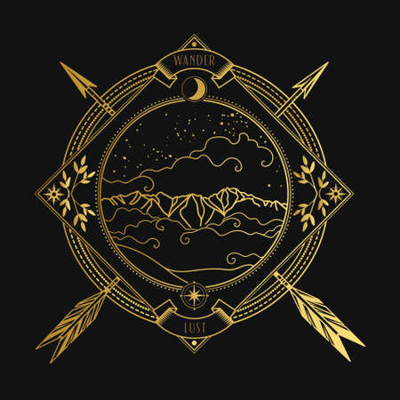 Mountain landscape on black background. Vector hand drawn illustrationのイラスト素材