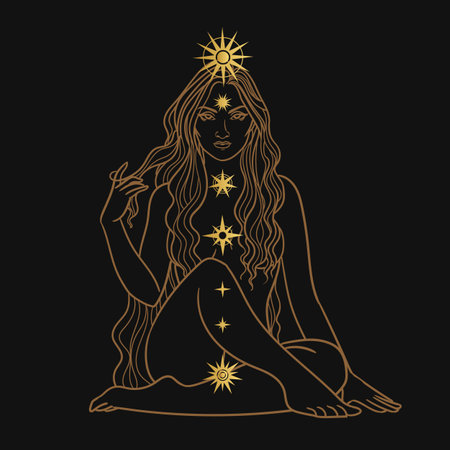 Seated figure of a woman with chakras. Vector hand drawn illustrationのイラスト素材