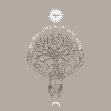Deer skull and tree as symbols of life and death. vector illustrationのイラスト素材