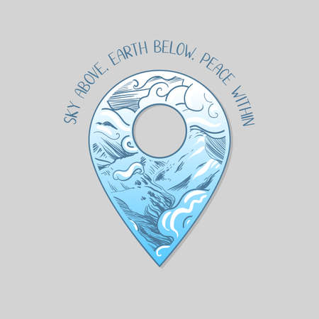 Beautiful landscape inside of geotag. Vector hand drawn illustrationのイラスト素材