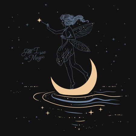 Little fairy on the floating moon. vector illustrationのイラスト素材
