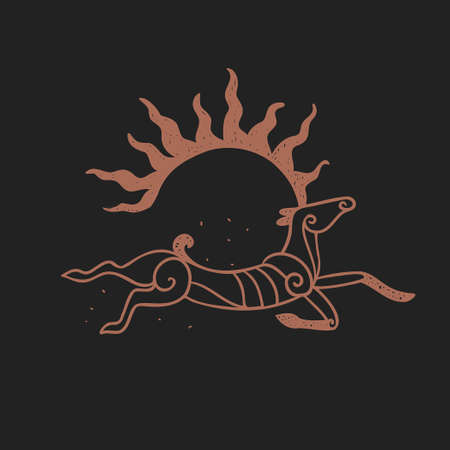 Running deer with antlers in the shape of the sun. Vector drawing in the Scythian styleのイラスト素材