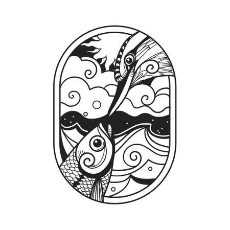 Fish and bird looking at each other. Vector hand drawn illustrationのイラスト素材