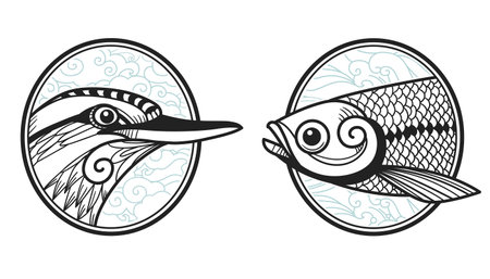 Fish and bird looking at each other. Vector hand drawn illustrationのイラスト素材