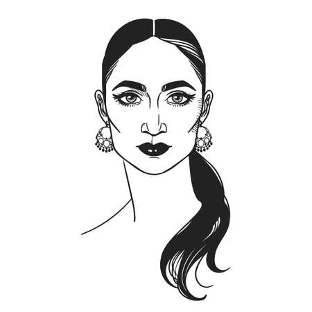Portrait of a young woman with black hair. vector fashion illustration.のイラスト素材