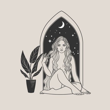 Attractive woman sitting cross-legged. Vector hand drawn illustrationのイラスト素材