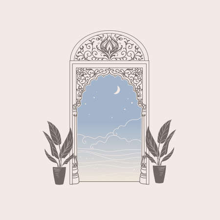gate in ancient indian style. Vector hand drawn illustrationのイラスト素材