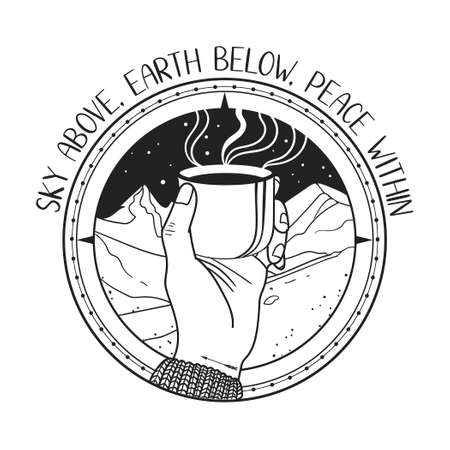 Hot drink on the mountain trail. Vector hand drawn illustrationのイラスト素材