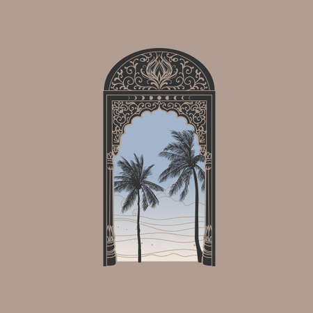 Blue sky and sea in the gate in ancient Indian style. Vector hand drawn illustrationのイラスト素材
