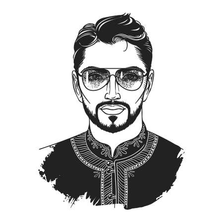 Portrait of handsome man in traditional saudi embroidered shirt. vector fashion illustrationのイラスト素材