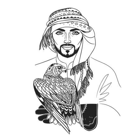 Saudi falconer with hawk. Vector hand drawn illustration on white backgroundのイラスト素材