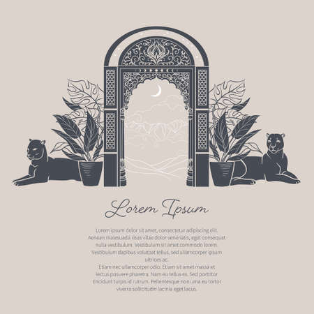 Ornate gate in ancient Indian style with leopards and tropical plants. Vector hand drawn illustrationのイラスト素材
