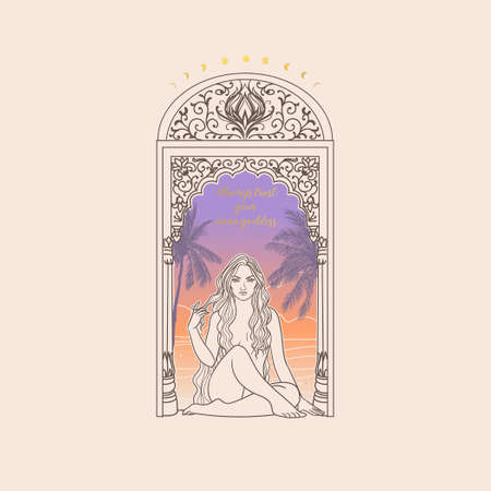 Silhouette of a seated woman in the gate in ancient Indian style. vector illustrationのイラスト素材