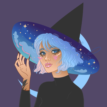 Pretty witch in a hat with blue brim. Vector had drawn illustrationのイラスト素材