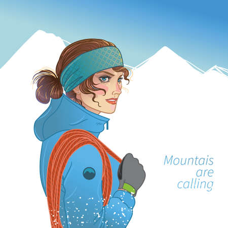 Portrait of a pretty woman climber. Vector hand drawn illustrationのイラスト素材