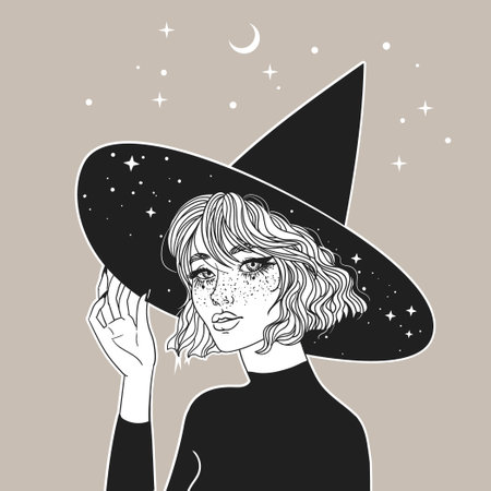 Pretty witch in a hat with starry brim. Vector had drawn illustrationのイラスト素材