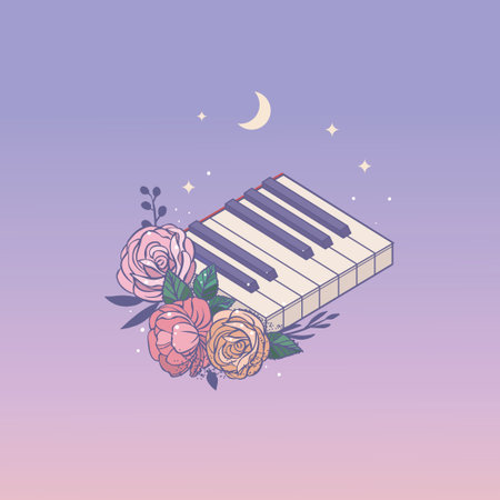 Piano keyboard, Moon and roses. Vector hand drawn illustrationのイラスト素材