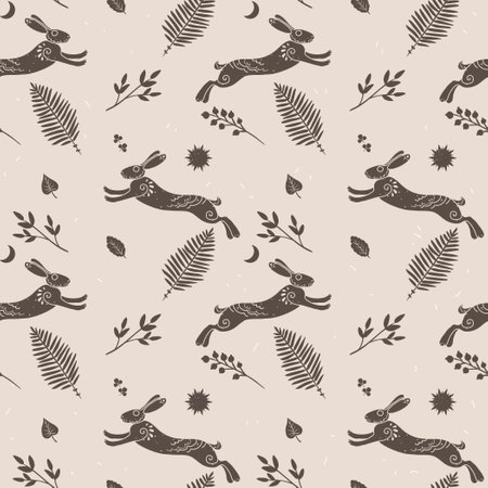 Vector seamless pattern with hares and plantsのイラスト素材