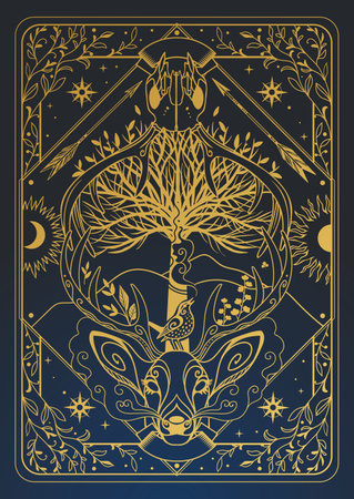 Vector template for the back side of the card game. Hand drawn pattern in dark boho styleのイラスト素材