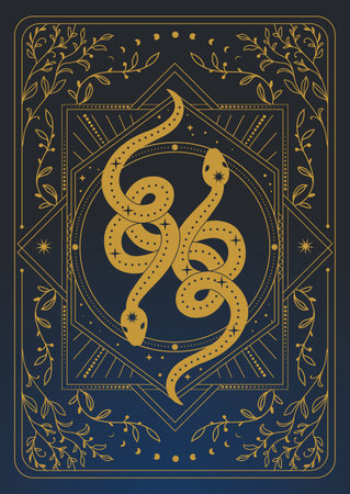 Rectangular frame with stars and two snakes in retro style on a dark blue backgroundのイラスト素材