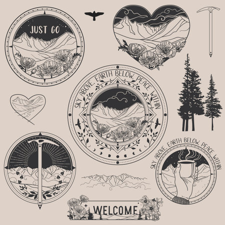 Set of vector drawings with mountains. vector templates for stickers, temporary tattoos, t-shirt printsのイラスト素材
