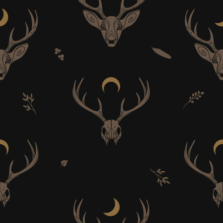 Vector seamless pattern with deer heads and skulls in dark boho styleのイラスト素材