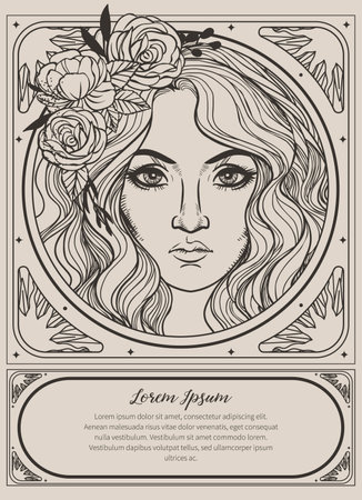Vintage card with beautiful woman face and floral ornament. vector illustration.のイラスト素材