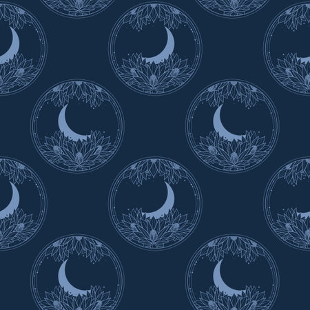 Seamless pattern with moon and leaves. vector illustration. blue background.のイラスト素材