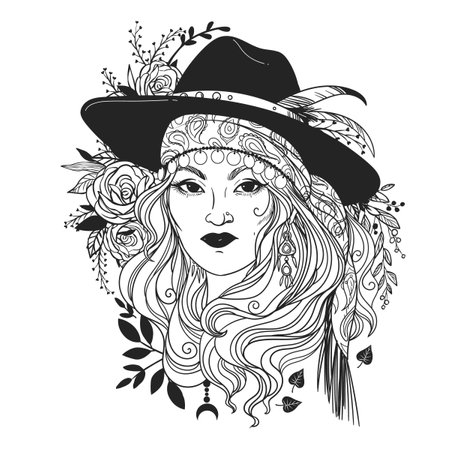 Hand drawn vector illustration of a beautiful girl in a hat with flowers.のイラスト素材