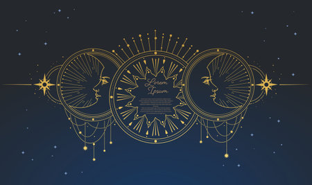 Vector illustration with line art moon and stars. sacred geometry. Abstract mystical sign.のイラスト素材